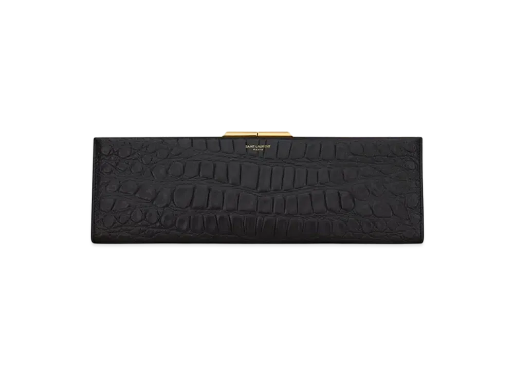Saint Laurent Midnight Large Clutch In Crocodile-Embossed Lacquered Leather "Black"