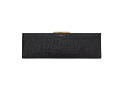 Saint Laurent Midnight Large Clutch In Crocodile-Embossed Lacquered Leather "Black"