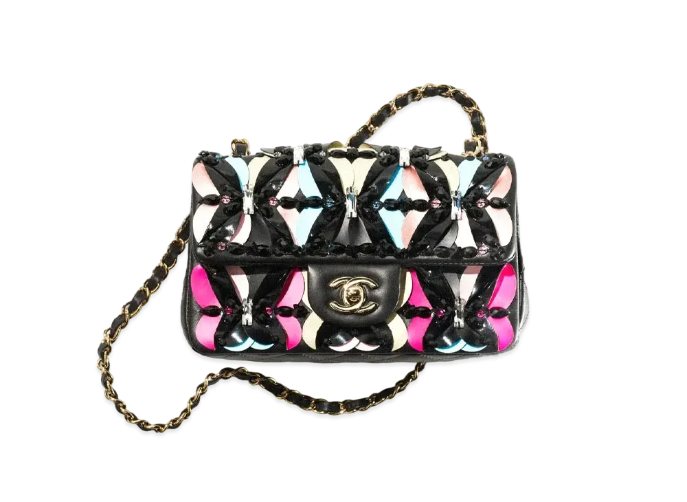 CHANEL Mini Flap Bag Lambskin Stras & Costume Pearl "Black/Multicolor"