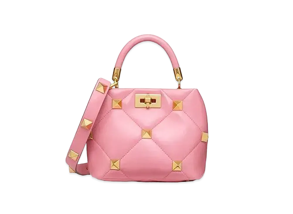 Valentino Small Roman Stud The Handle Bag In Nappa "Flamingo Pink"