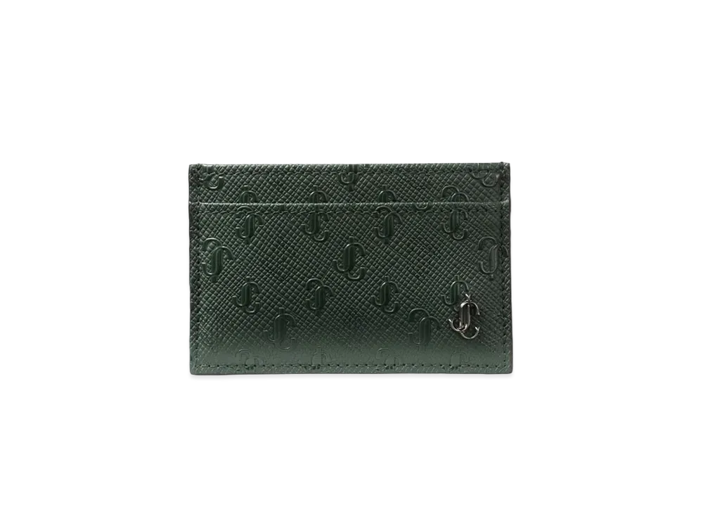 JIMMY CHOO DEAN Curf Leather JC Logo Pattern Grainy Fabric Card Case "Dark Green"