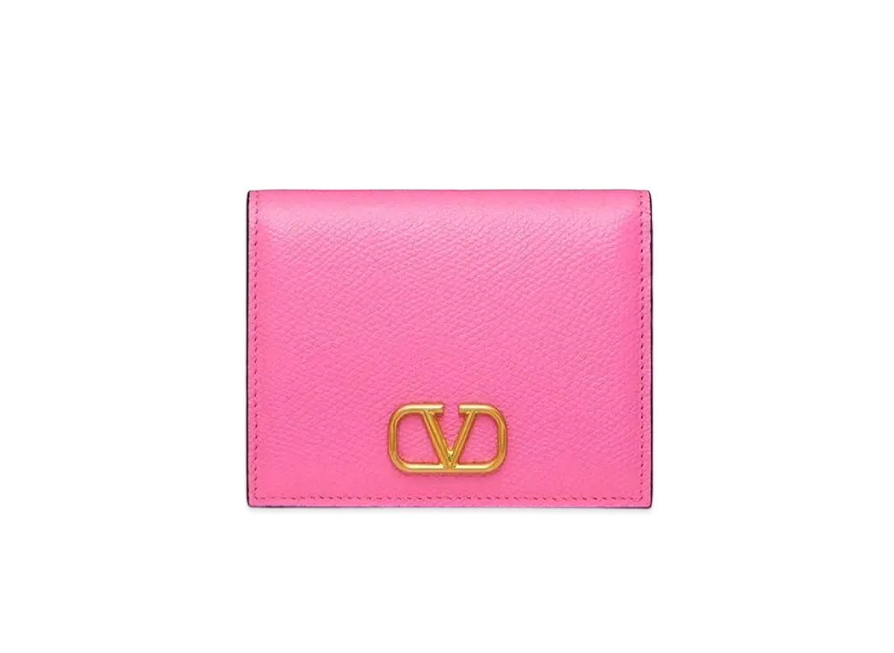 Valentino V Logo Signature Grain Calfskin Compact Wallet "Pink"
