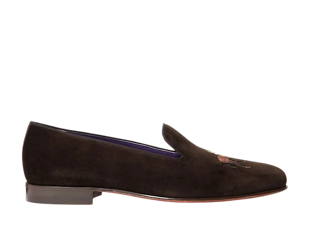 Ralph Lauren Purple Label Alonzo Standing Horse Velvet Slipper "Luggage Brown"