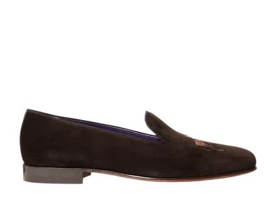Ralph Lauren Purple Label Alonzo Standing Horse Velvet Slipper "Luggage Brown"