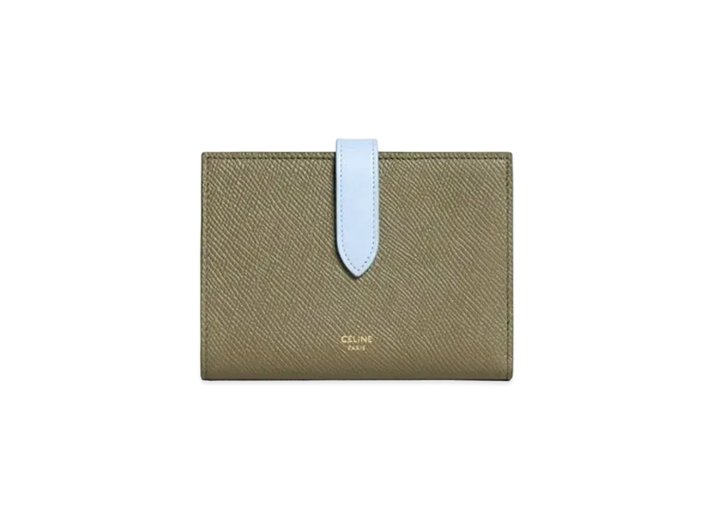 CELINE Medium Strap Wallet in Bicolour Grained Calfskin "Army Green/Light Blue"