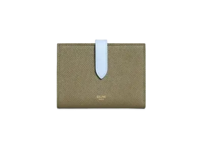 CELINE Medium Strap Wallet in Bicolour Grained Calfskin "Army Green/Light Blue"
