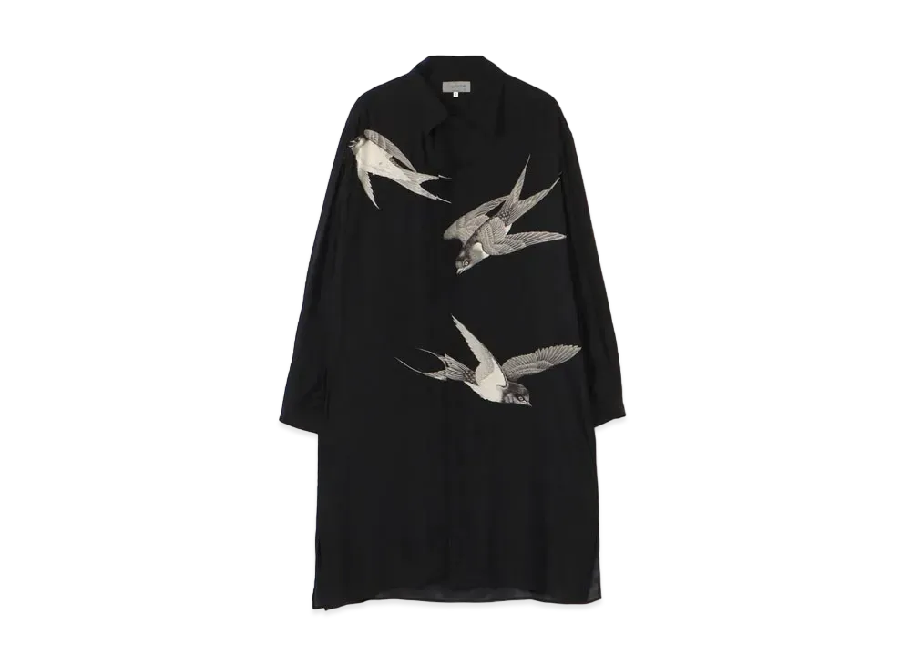 Yohji Yamamoto Pour Homme SILK SATIN SWALLOW PRINT BLOUSE "Black"