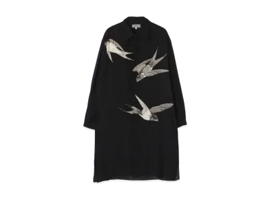 Yohji Yamamoto Pour Homme SILK SATIN SWALLOW PRINT BLOUSE "Black"