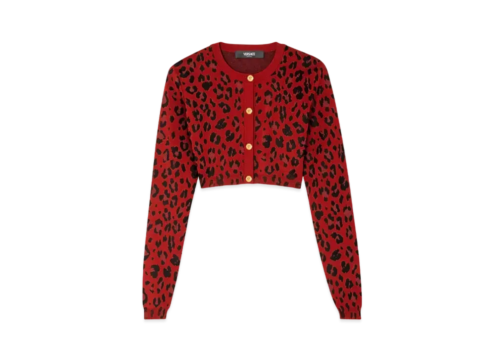 Versace Leopard Lurex Crop Knit Cardigan "Red"