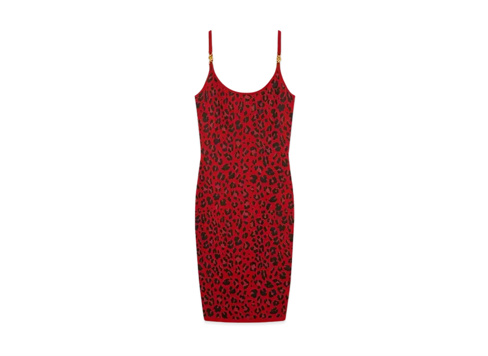 Versace Leopard Lurex Fitted Knit Midi Dress "Red"