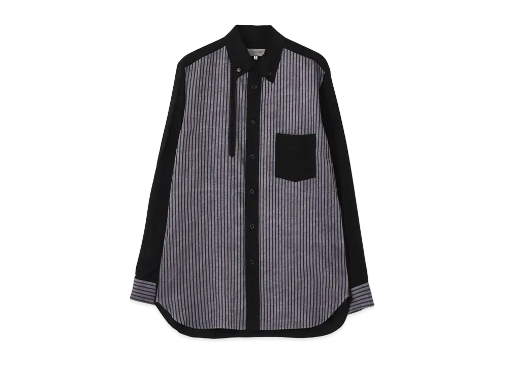 Yohji Yamamoto Pour Homme RAYON SPUN LAWN + CUPRO STRIPE SALD SHRINKAGE COLLAR LOOP BLOUSE "Black"