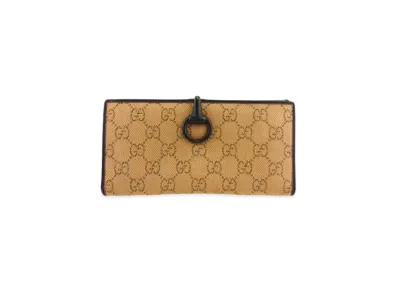 GUCCI W Hook Bifold Long Wallet Horsebit GG Canvas "Beige"