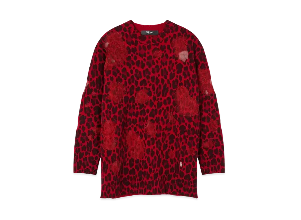 Versace Leopard Intarsia Oversized Sweater "Red"