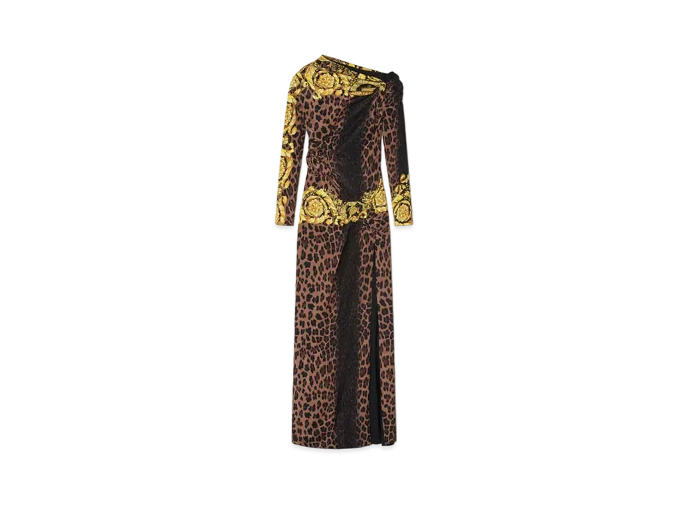 Versace Wild Barocco Slit Smocked Gown "Animalier"