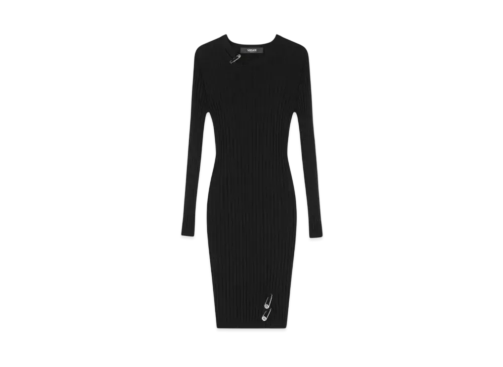 Versace Safety Pin Ribbed-Knit Mini Dress "Black"