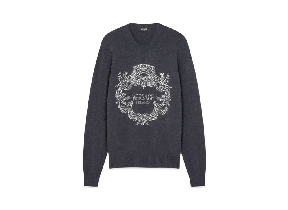 Versace Crystal Iconic Crest Cashmere Knit Sweater "Gray"