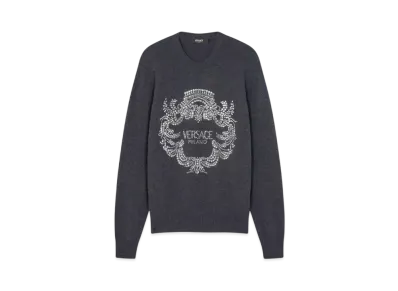 Versace Crystal Iconic Crest Cashmere Knit Sweater "Gray"