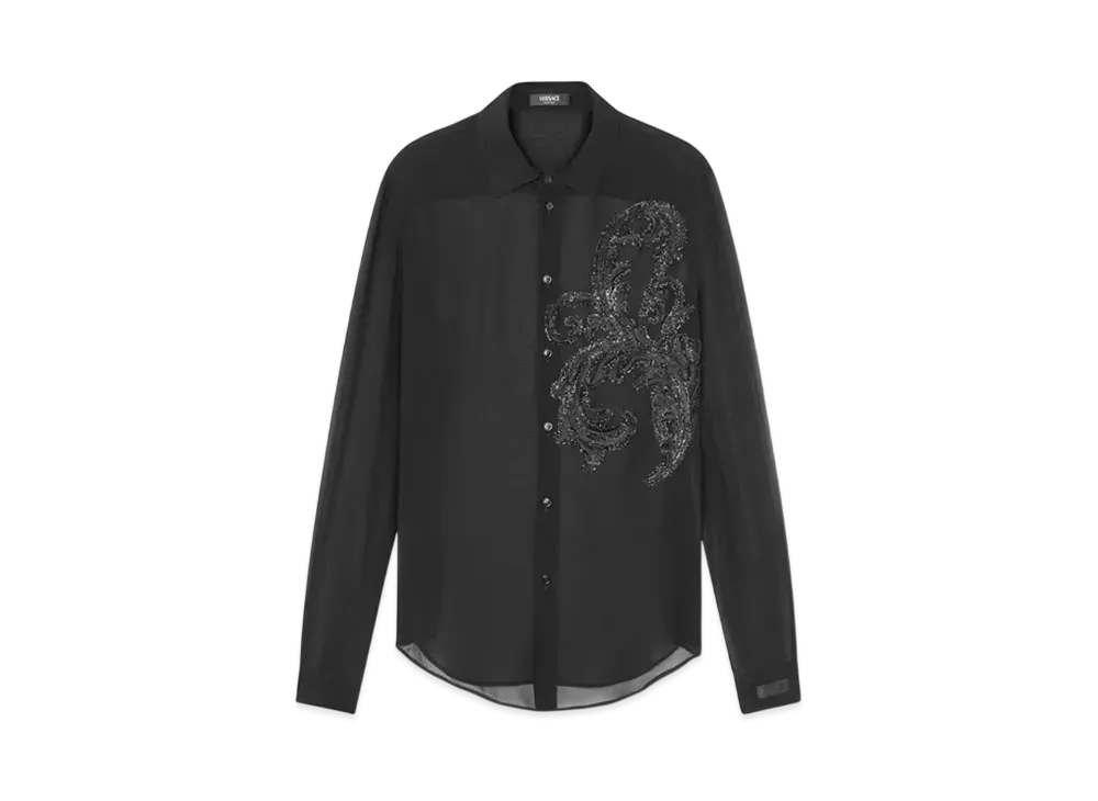 Versace Embroidered Barocco Leaf Georgette Shirt "Black"