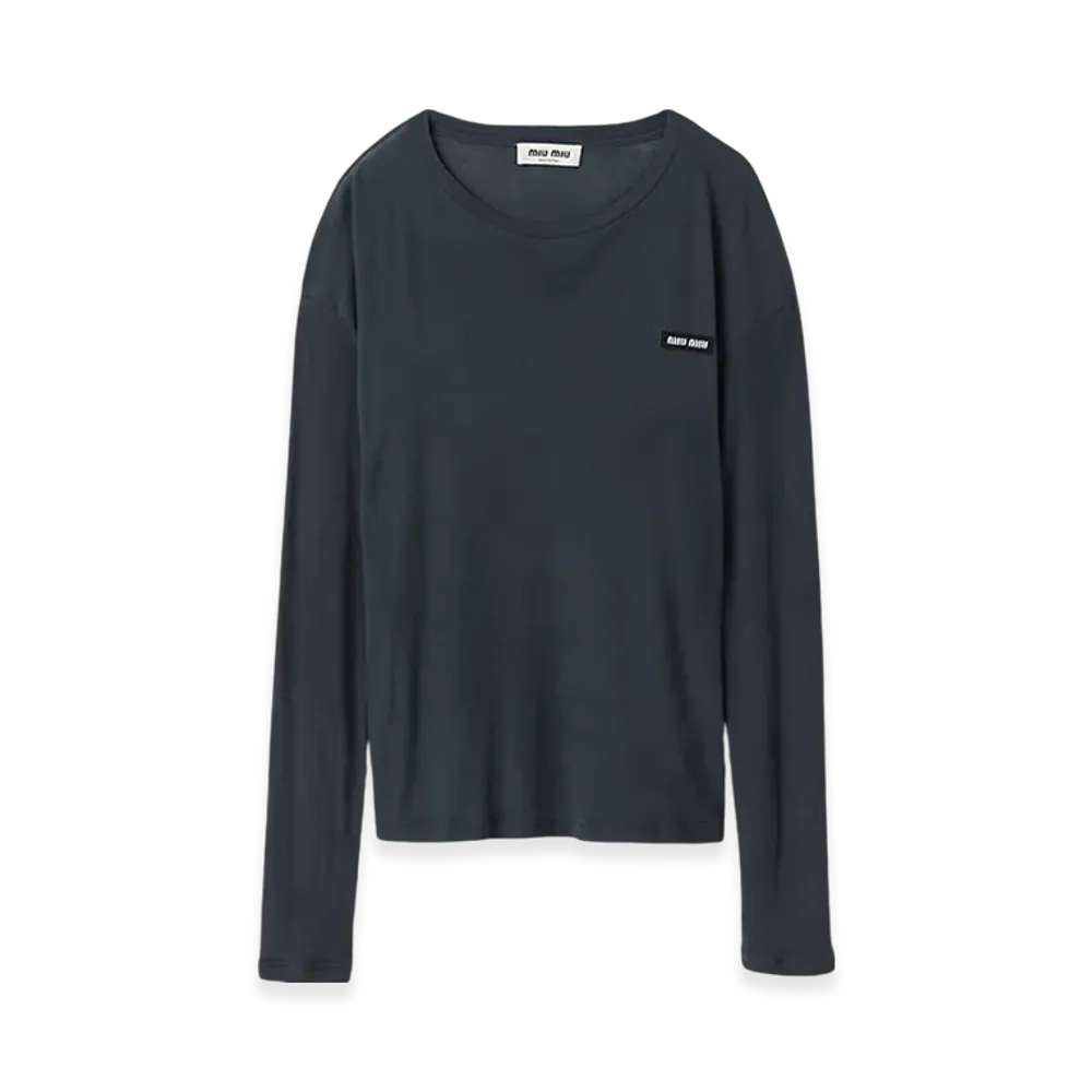 MIU MIU Women's L/S Garment-Dyed Ribbed Knit Jersey T-Shirt "Black"