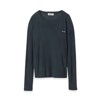 MIU MIU Women's L/S Garment-Dyed Ribbed Knit Jersey T-Shirt "Black"