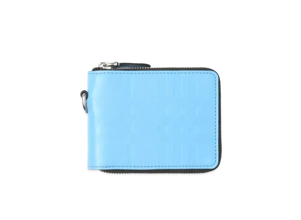 BURBERRY Embosted Check Leather Round Zip Wallet Lanyard "Soft Cone Flower Blue"