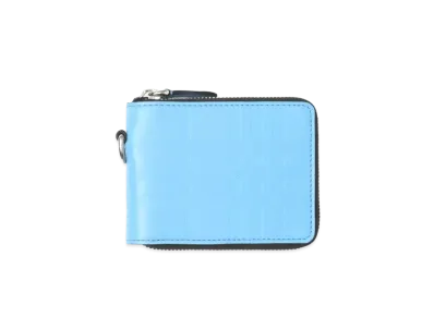 BURBERRY Embosted Check Leather Round Zip Wallet Lanyard "Soft Cone Flower Blue"