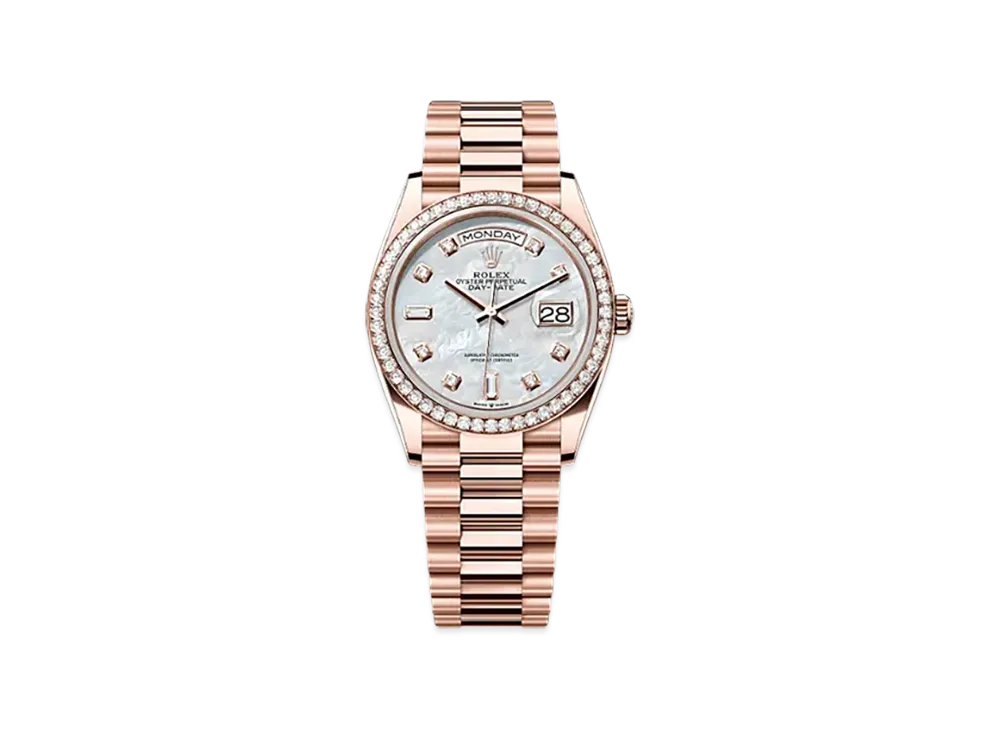 ROLEX Day-Date 36mm Everose Gold Diamond 128345RBR "White Mother-of-Pearl"