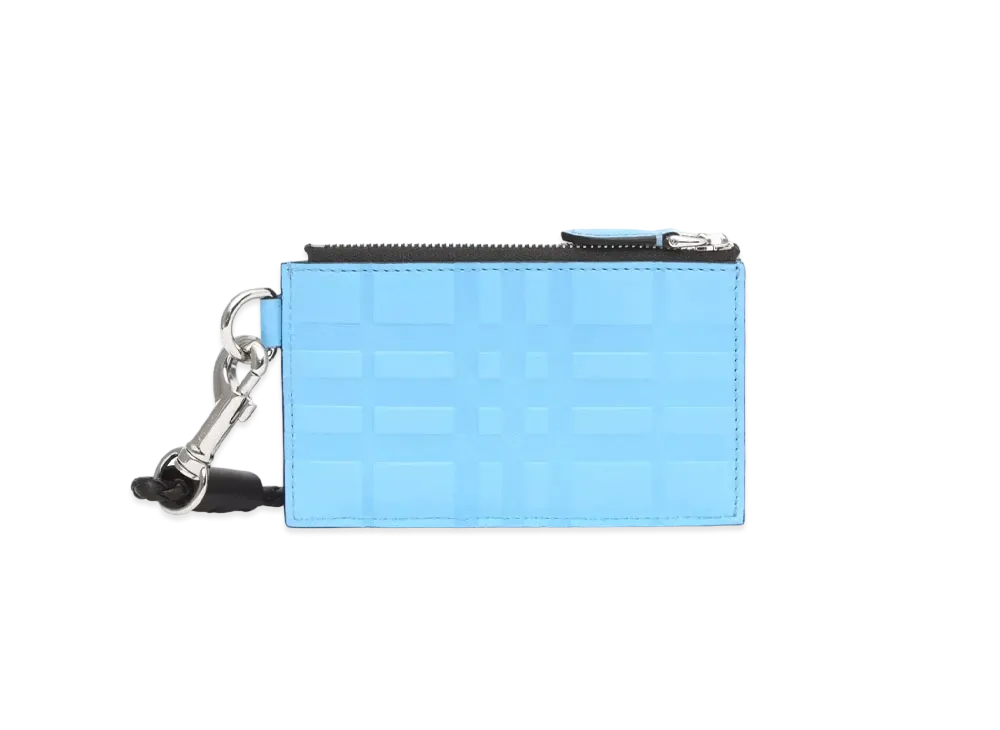 BURBERRY Embossed Check Leather Card Case Lanyard "Soft Cone Flower Blue"