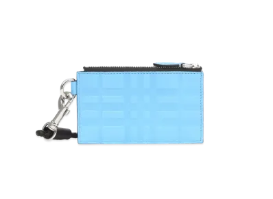BURBERRY Embossed Check Leather Card Case Lanyard "Soft Cone Flower Blue"