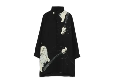 Yohji Yamamoto Pour Homme SILK SATIN ORIGINAL GUITAR PRINT STAND COLLAR BLOUSE "Black"