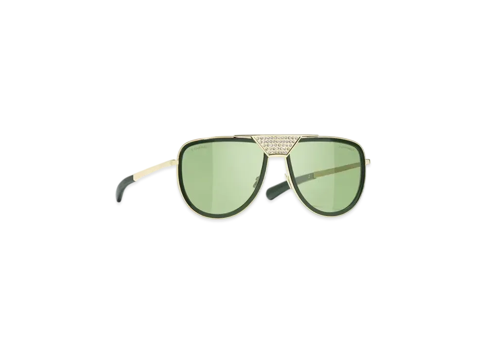 CHANEL Pilot Sunglasses Metal & Calfskin "Light Gold/Green"