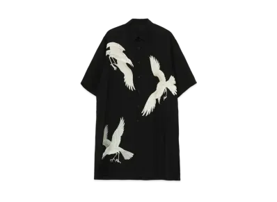 Yohji Yamamoto Pour Homme SILK SATIN+CELLULOSE LAWN WHITE CROW PRINT SHORT SLEEVES BLOUSE "Black"