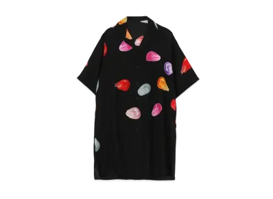 Yohji Yamamoto Pour Homme SILK SATIN TEARS PRINT OPEN COLLAR SHORT SLEEVES BLOUSE "Black"