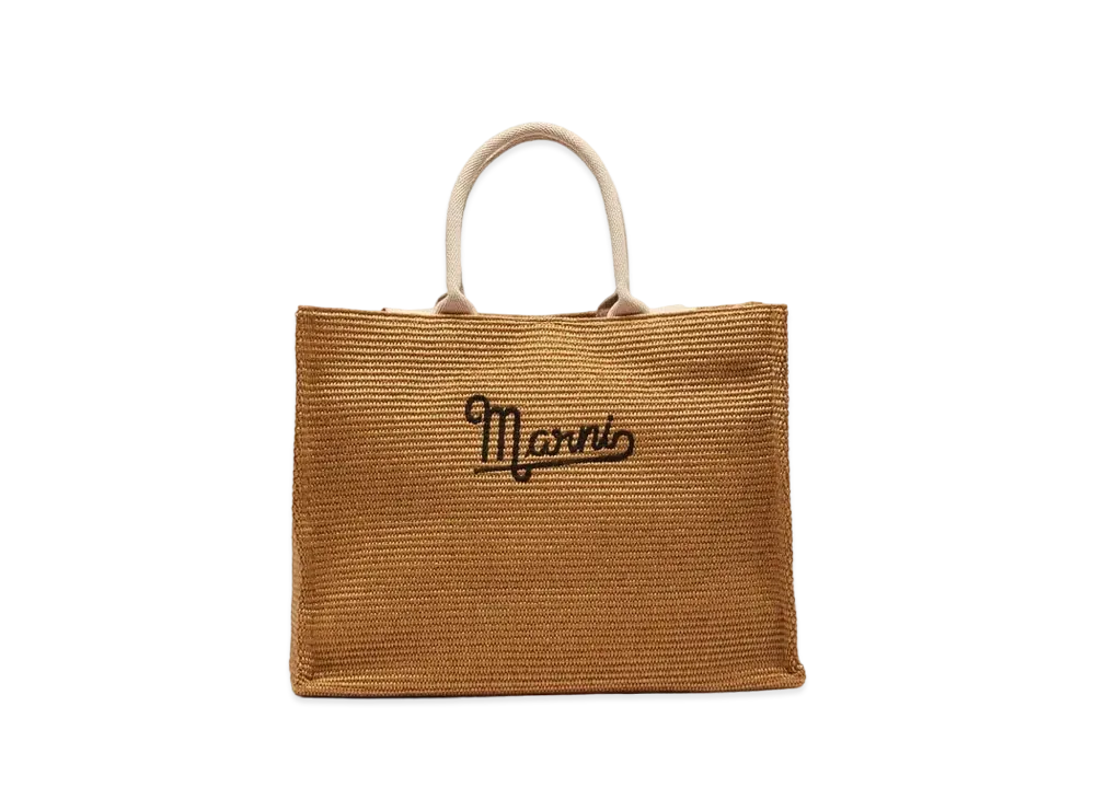 Marni Embroidered Logo Raffia Summer Shopping Bag "Low Sienna/Natural"