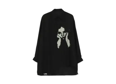 Yohji Yamamoto Pour Homme SILK SATIN ORIGINAL PRINT UNEVEN HEM BLOUSE "Black"