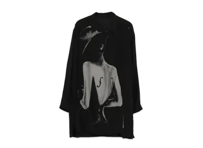 Yohji Yamamoto Pour Homme SILK SATIN SWALLOW PRINT FRONT NO FIXING CLOTH BLOUSE "Black"