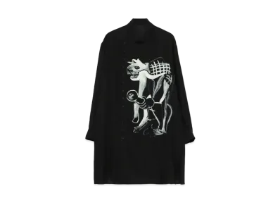 Yohji Yamamoto Pour Homme YUUKA ASAKURA SILK SATIN INK PAINTING PRINT BIG BLOUSE "Black"