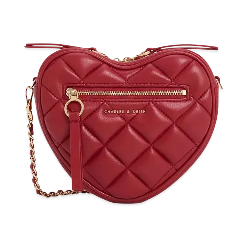 CHARLES & KEITH Philomena Quilted Heart Crossbody Bag "Red"