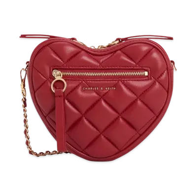 CHARLES & KEITH Philomena Quilted Heart Crossbody Bag "Red"
