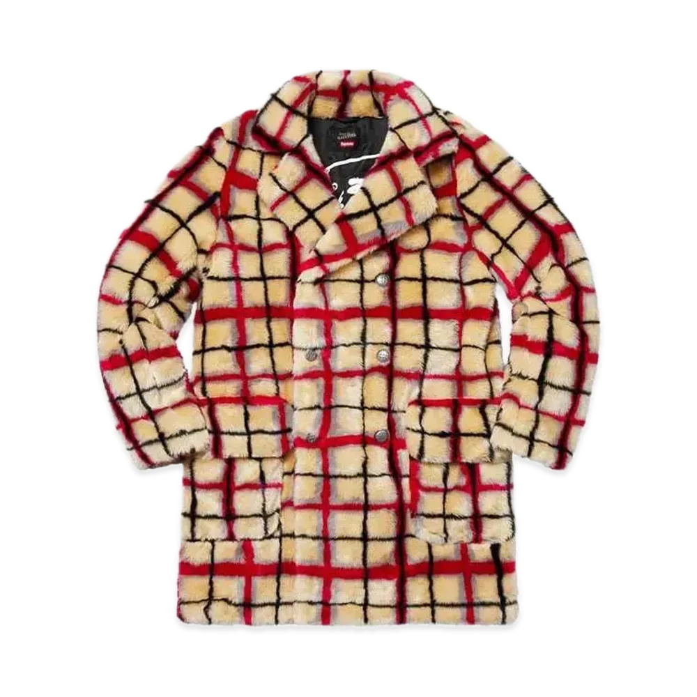 Supreme x Jean Paul Gaultier Double Breasted Plaid Faux Fur Coat "Off White"