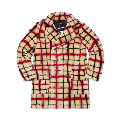 Supreme x Jean Paul Gaultier Double Breasted Plaid Faux Fur Coat "Off White"