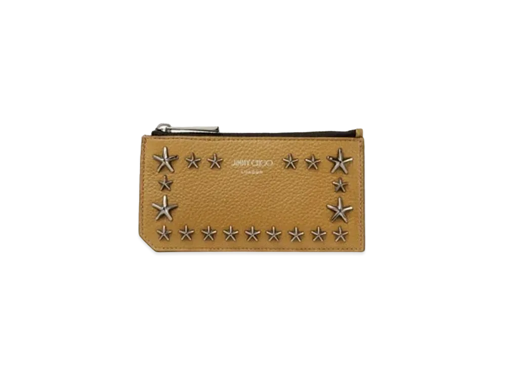 JIMMY CHOO CASEY Soft Grainy Calf Leather Card Case With Cancer Metal Star Studs "Camel"