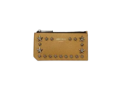 JIMMY CHOO CASEY Soft Grainy Calf Leather Card Case With Cancer Metal Star Studs "Camel"