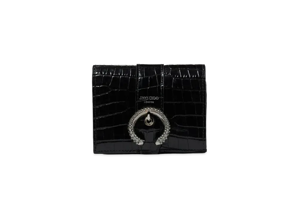 Jimmy Choo Hanne Shiny Croc-Embossed Leather Wallet With Crystal Buckle "Black"