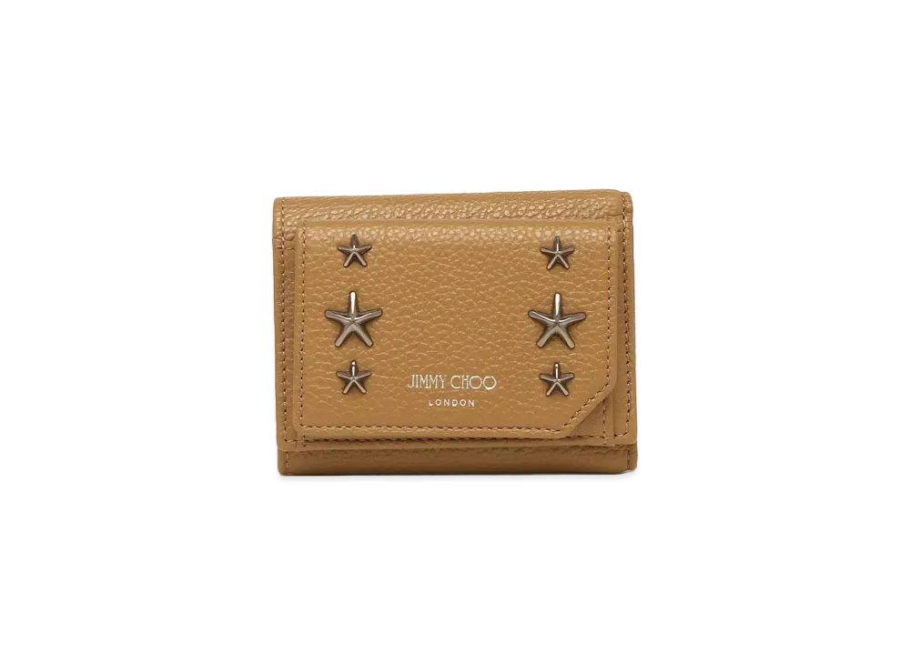 JIMMY CHOO BEALE Soft Grainy Calf Leather Wallet With Gunmetal Star Studs "Camel"