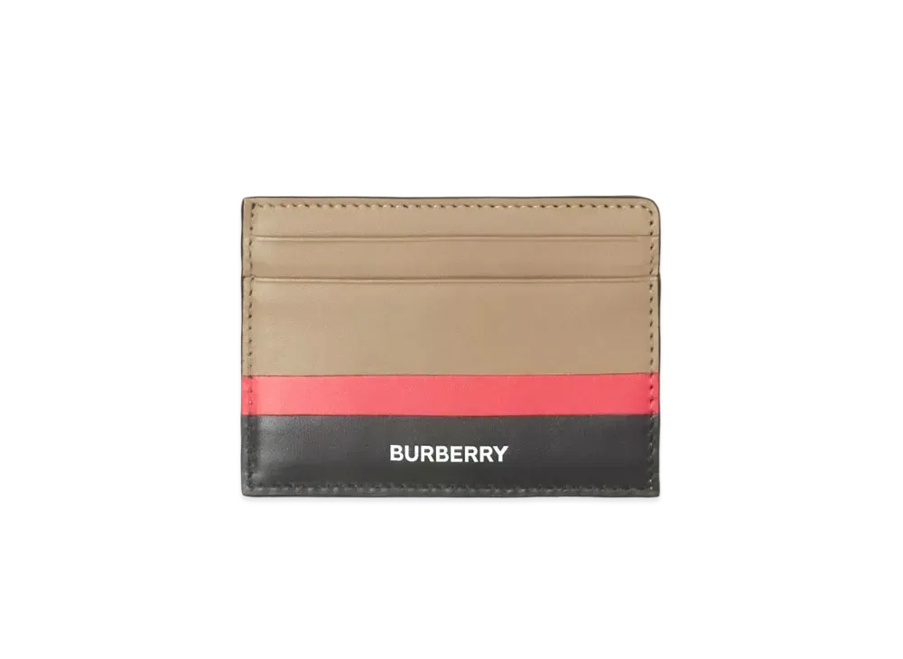 BURBERRY Striped Intercape Leather Card Case "Driftwood/Black/Red"