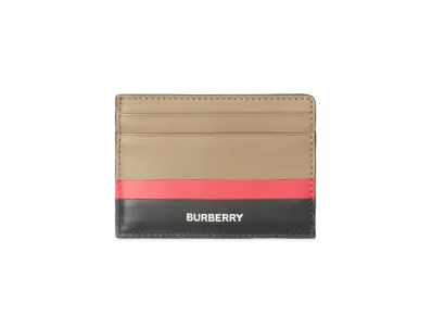 BURBERRY Striped Intercape Leather Card Case "Driftwood/Black/Red"