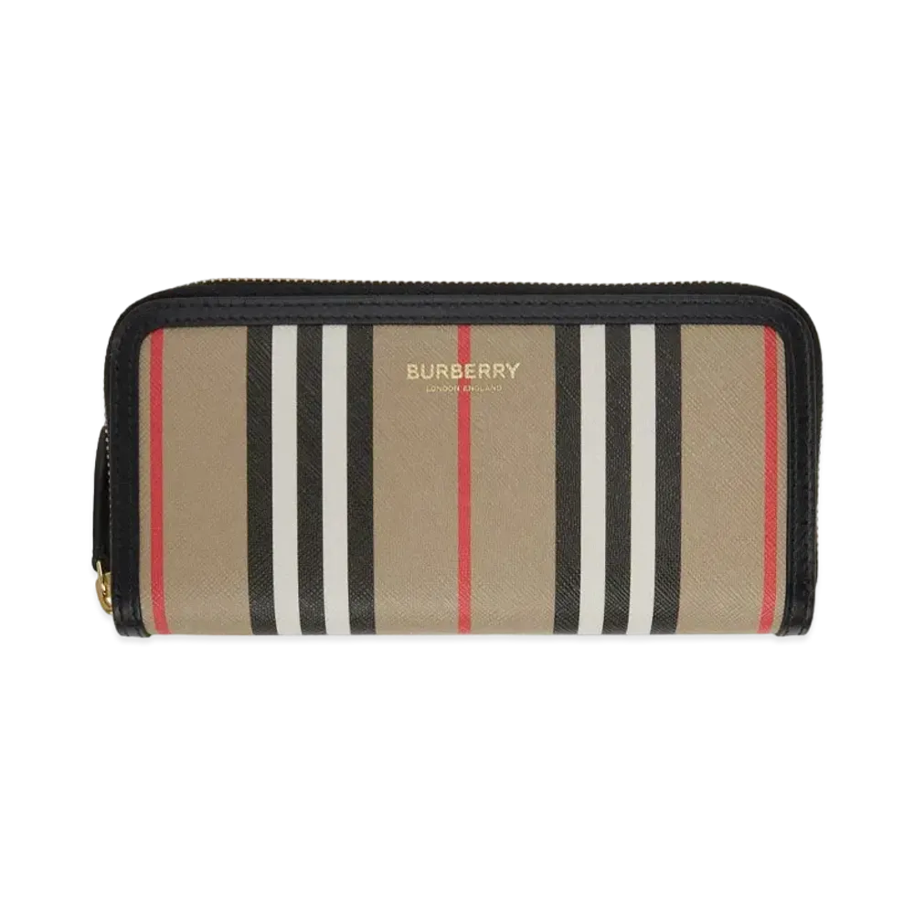 Burberry Icon Stripe E-canvas and Leather Ziparound Wallet "Archive Beige"