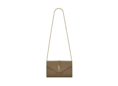 SAINT LAURENT Monogram Chain Wallet In Mix Matelasse Grain De Poudre Embossed Leather "Khaki"