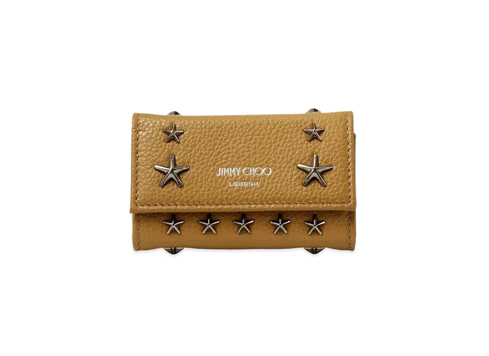 JIMMY CHOO HOWICK Soft Grainy Calf Leather Key Case With Cancer Metal Star Studs "Camel"